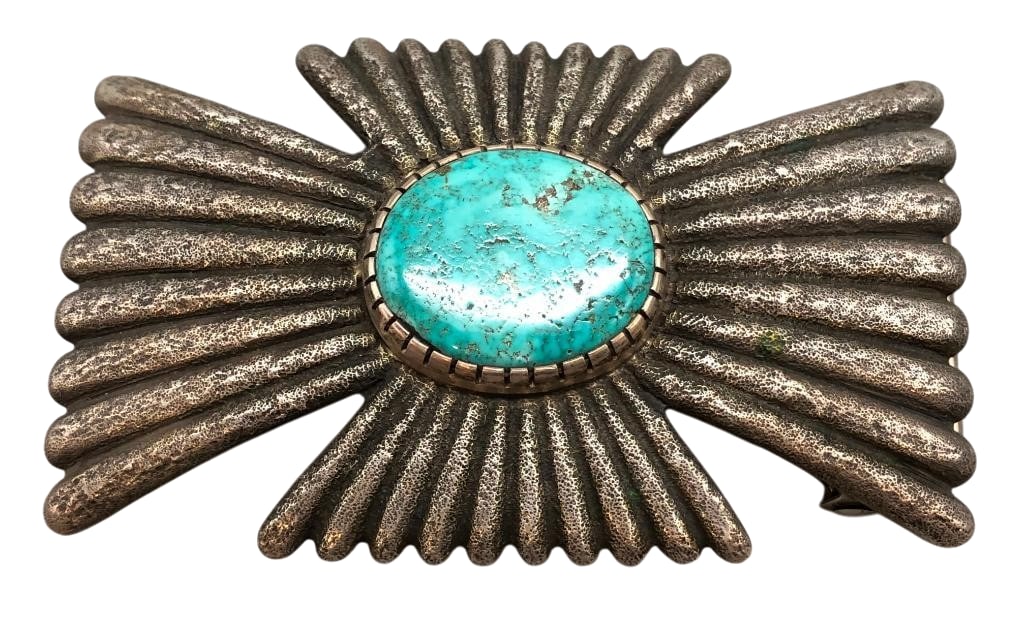 Tufa Cast Sterling Silver And Turquoise Buckle by Fidel Bahe: Offered here for your consideration is a tufa cast sterling silver and turquoise buckle by Fidel Bahe. This piece features a turquoise cabochon set in a serrated silver bezel on a tufa cast background
