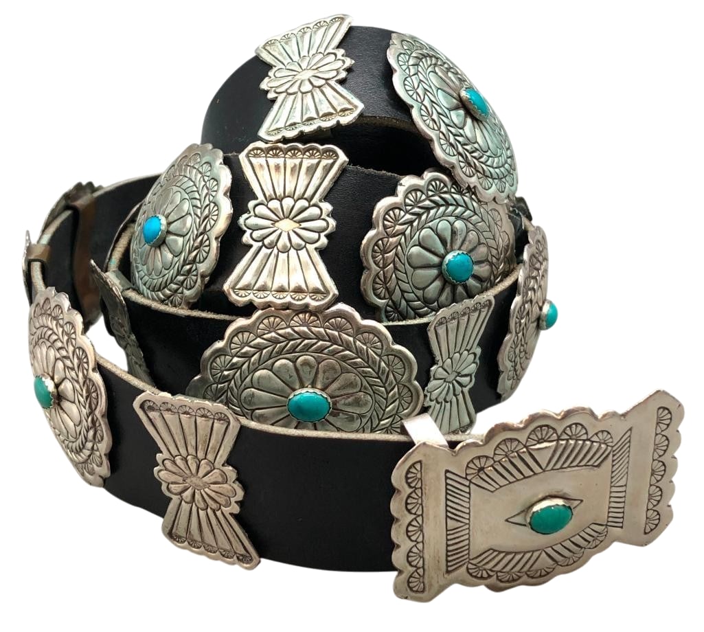Vintage Nickel Silver And Turquoise Concho Belt (1 of 13)