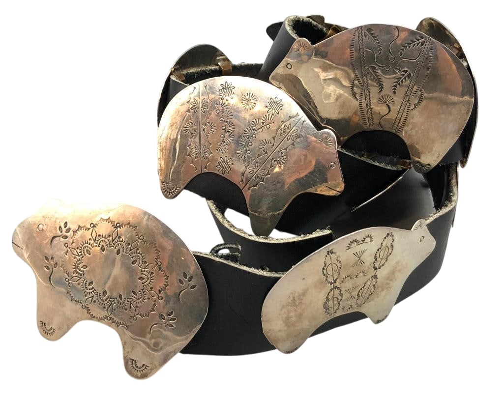 Bear Themed Sterling Silver Concho Belt: Offered here for your consideration is a bear themed sterling silver concho belt. This piece features nine bear shaped conchos and a matching buckle accented with hand stamped designs. The conchos are