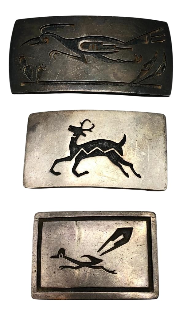 Three Vintage Hopi Sterling Silver Belt Buckles: For your bidding pleasure are three vintage Hopi sterling silver belt buckles. The buckles feature a Roadrunner or deer design with near perfect cut outs and lines. An etched technique was used on som
