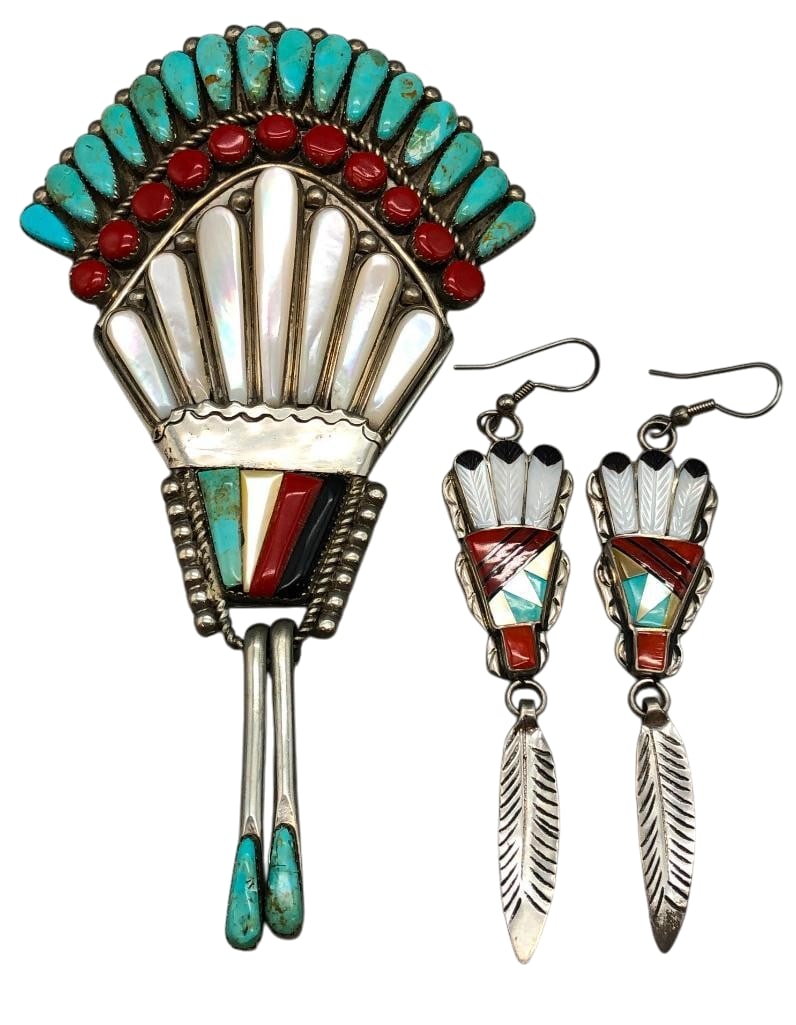 Multi Stone Inlay And Sterling Silver Pin With Earrings: Offered here for your consideration is a multi stone inlay and sterling silver pin with earrings. These pieces are each highlighted with a multi stone inlay of turquoise, coral, mother of pearl, onyx 