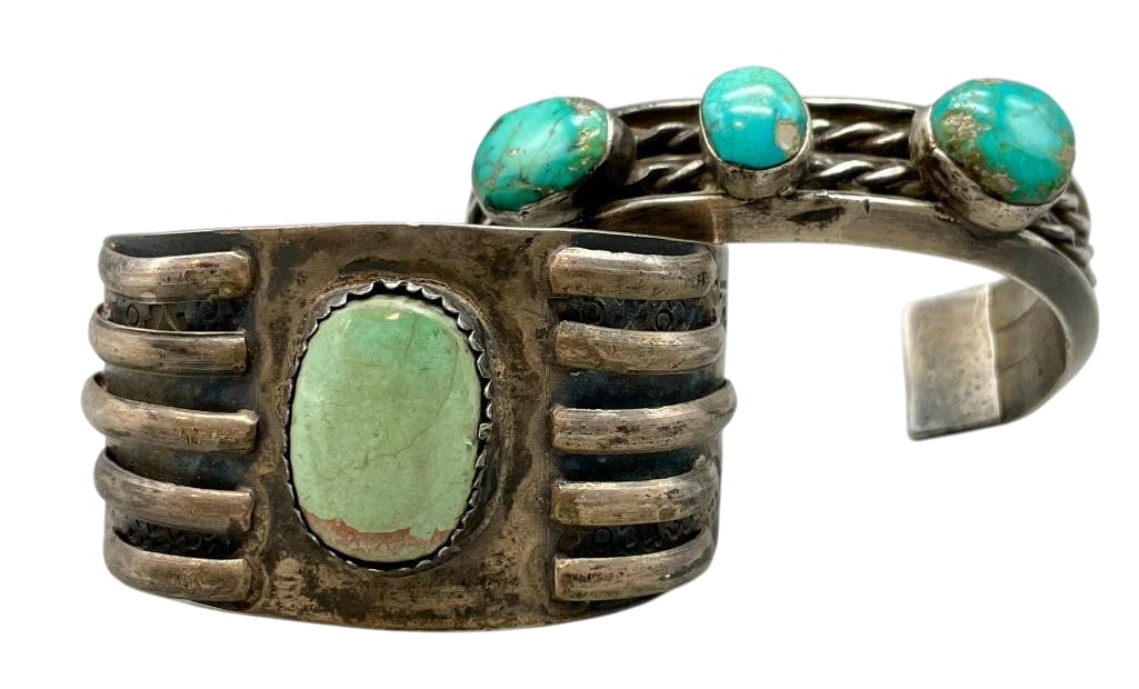 Circa 1960s Turquoise And Sterling Silver Bracelets: Available here for your consideration are two circa 1960s turquoise and sterling silver bracelets. The first bracelet features three turquoise cabochons set in handmade silver bezels on a three wire c