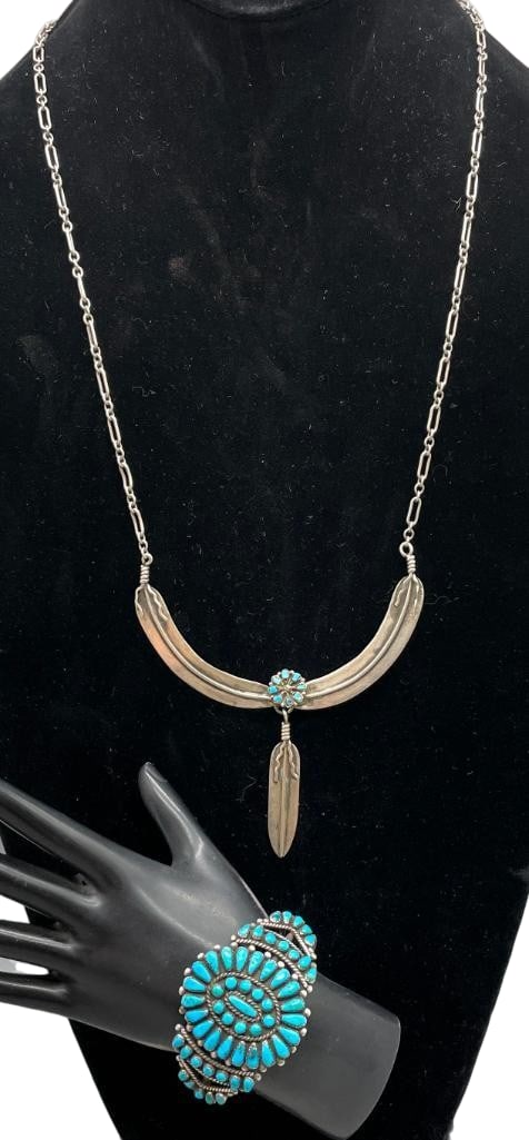 Turquoise And Sterling Silver Cluster Bracelet And Necklace: Offered here for your consideration are a turquoise and sterling silver cluster bracelet and necklace. The bracelet features a cluster of turquoise cabochons set in sawtooth silver bezels. Accenting t