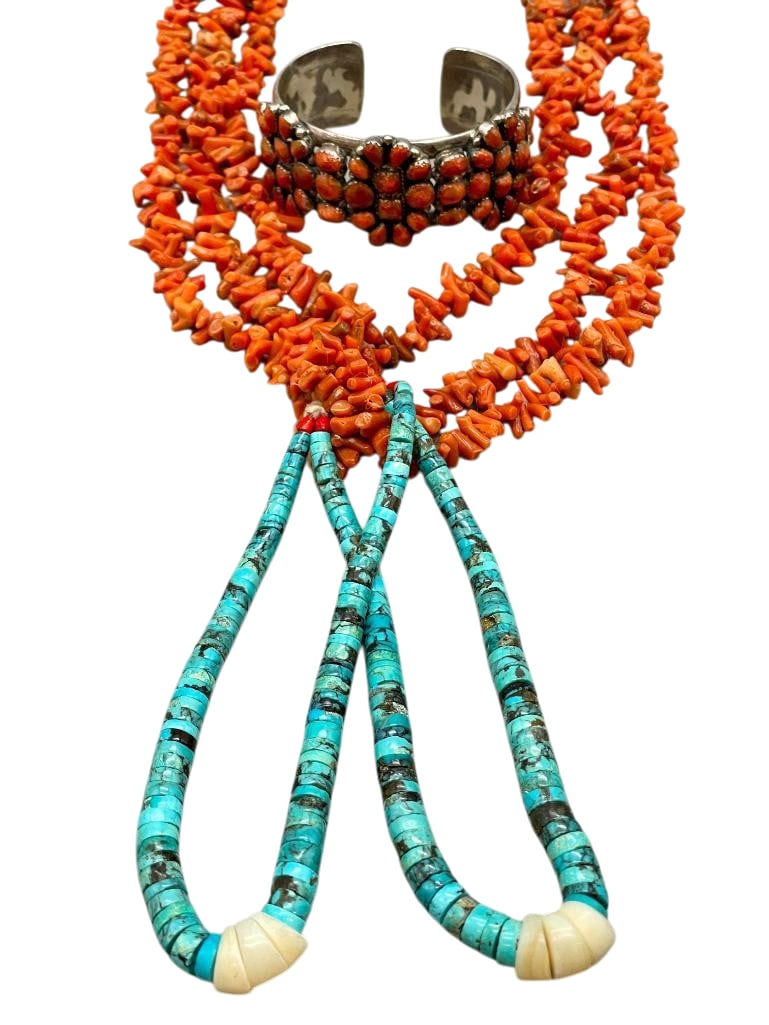 Coral And Turquoise Jocla Necklace With Coral Cluster And Sterling Silver Bracelet: Offered here today are a coral and turquoise Jocla necklace with coral cluster and sterling silver bracelet. This necklace features three strands of coral beads with a pair of Joclas hanging from the 