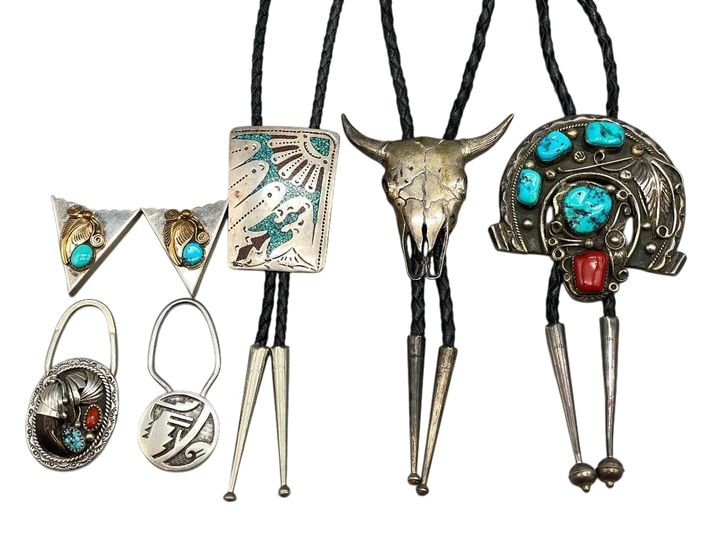 Vintage Bolo Ties, Collar Tips And Key Fobs: Available here for your consideration are three vintage bolo ties, a pair of collar tips and two key fobs (not all sterling silver). These pieces feature a variety of designs including turquoise and c