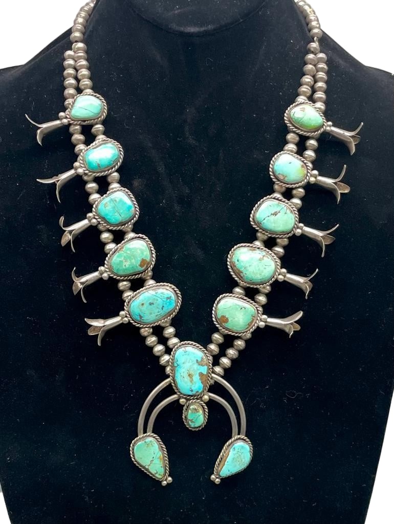 Vintage Turquoise And Sterling Silver Squash Blossom Necklace (1 of 17)