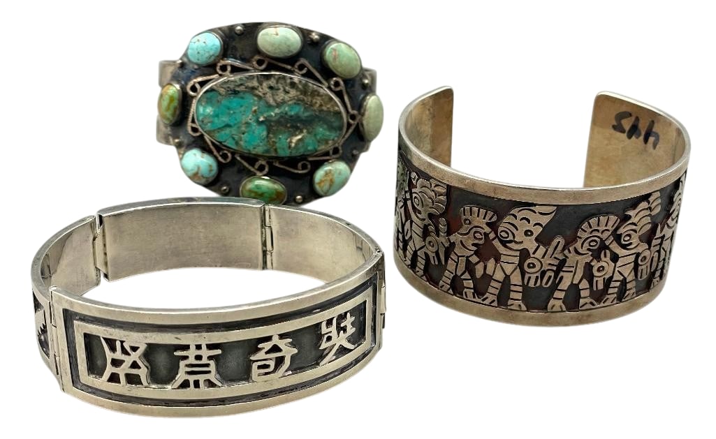 Three Sterling Silver Bracelets From Mexico: Available here for your consideration are three sterling silver bracelets from Mexico. The first piece is a link bracelet featuring different overlay designs on each. The second is a solid cuff with f