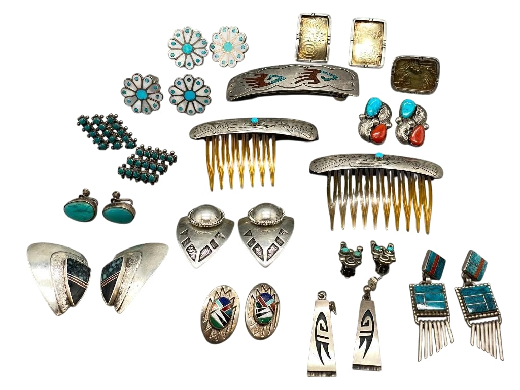 Group of Miscellaneous Earrings, Hair Pieces And One Ring: Offered here for your consideration is a group of miscellaneous earrings and hair pieces. Several of the pieces feature multi stone inlay designs of turquoise, coral, lapis, onyx and others. Two hair 