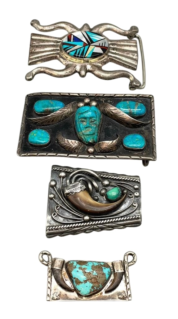 Group Of Southwest Style Sterling Silver Buckles And Pendant: Offered here for your consideration is a group of Southwest style silver buckles and pendant. These pieces are highlighted with turquoise cabochons set in silver bezels or feature multi stone inlay wo