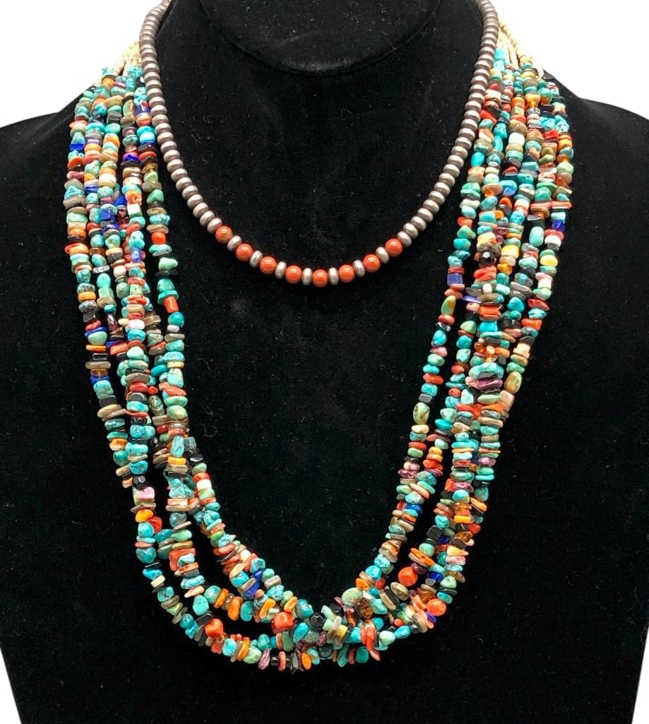 Six Strand Multi Stone Necklace And Sterling Silver Beaded Necklace: Offered here for your consideration is a six strand multi stone necklace and sterling silver beaded necklace. The first piece features six strands of multi stone beads including turquoise, lapis, cora