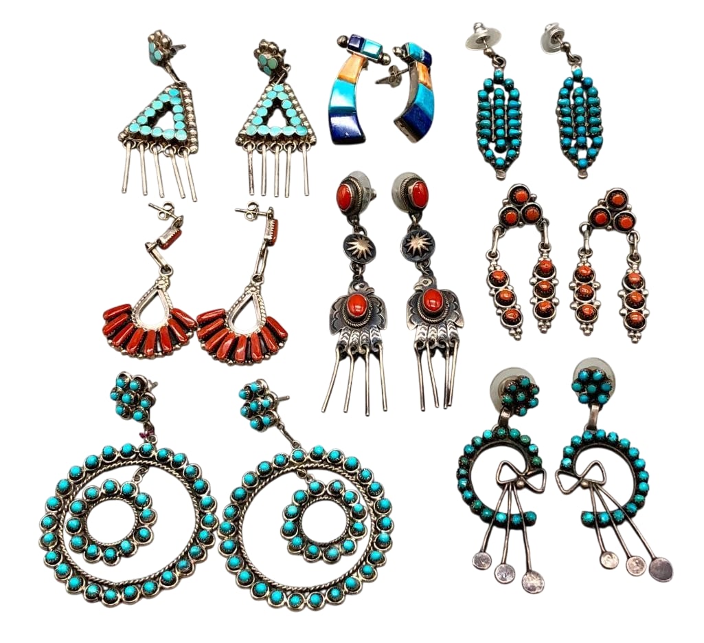 Eight Pair Of Sterling Silver Earrings With Various Settings: Offered here for your consideration are eight pairs of sterling silver earrings with various settings. These earrings are highlighted with turquoise or coral cabochons and inlay work, all set in silve