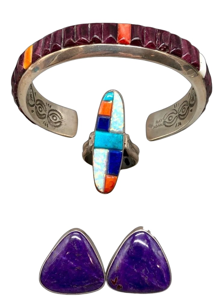 Sterling Silver And Multi Stone Bracelet, Ring And Earrings: Offered here for your consideration is a sterling silver and multi stone bracelet, ring and earrings. The bracelet and ring each feature a cobblestone inlay with varying stones including turquoise, sp