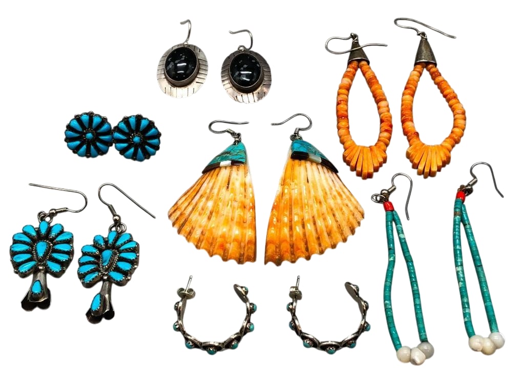 Seven Pairs Of Earrings With Various Settings: Offered here for your consideration are seven pairs of earrings with various settings. Some feature turquoise or black stone cabochons set in silver bezels with silver accents. Two pair of earrings sh