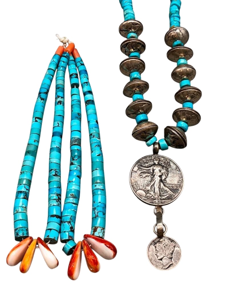 Turquoise And Coin Theme Necklace With Pair Of Joclas: Offered here for your consideration is a turquoise and coin theme necklace with a pair of Joclas. The necklace features a strand of turquoise and dime beads strung on coated wire. At the center is a c