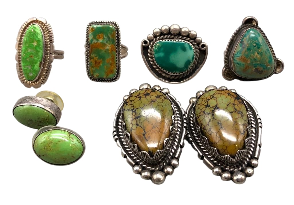 Two Pairs Of Turquoise Earrings And Four Rings - All Sterling Silver: Offered here for your consideration are two pairs of turquoise earrings with four rings - all sterling silver. These pieces feature turquoise or gaspeite cabochons set in silver bezels. Accenting the 