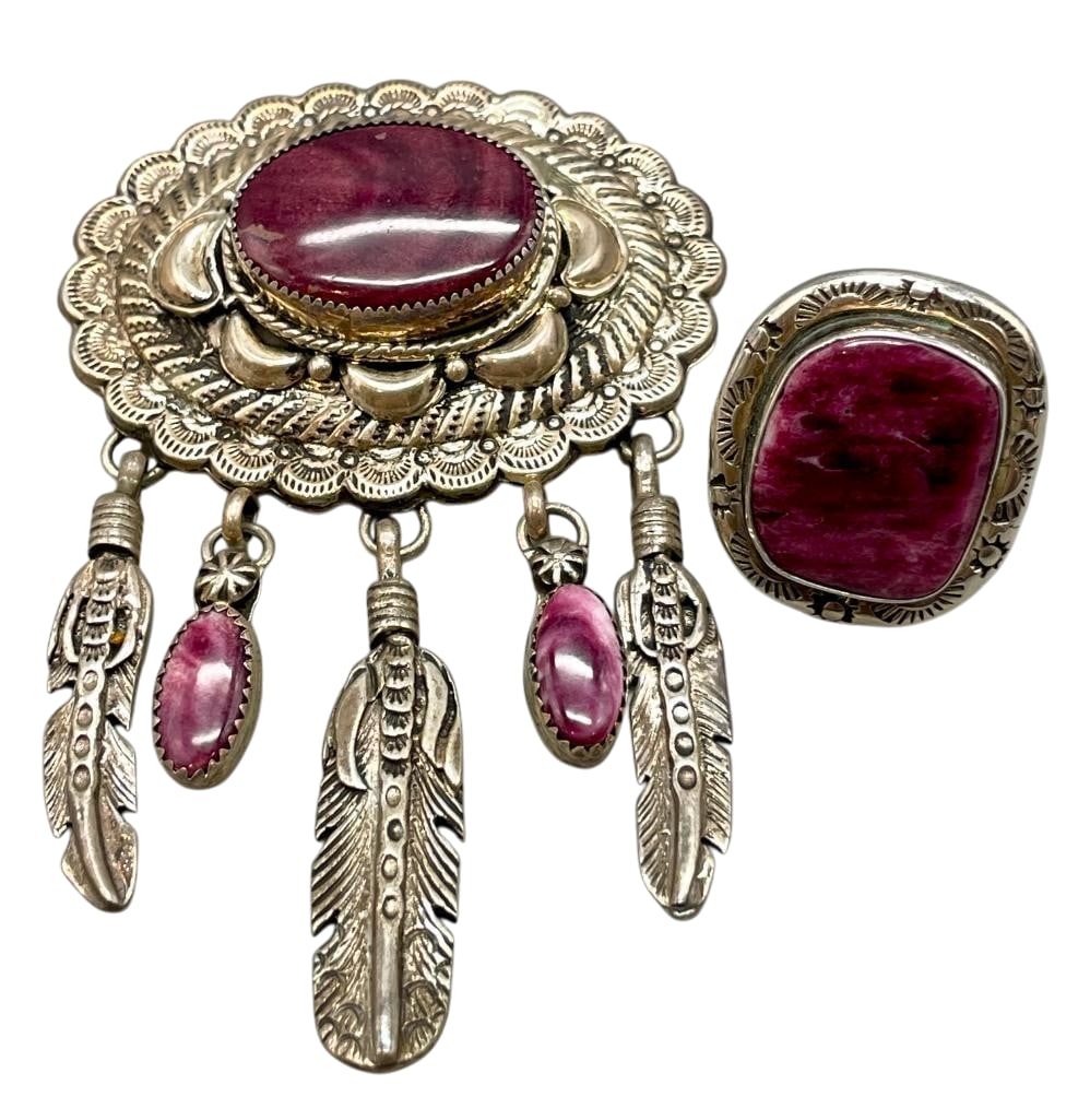 Sterling Silver And Purple Spiny Oyster Pin/Pendant With Ring: Offered here for your consideration is a sterling silver and purple spiny oyster pin/pendant with ring. Both pieces feature a purple spiny oyster cabochon set in a silver bezel. Accenting the stones a