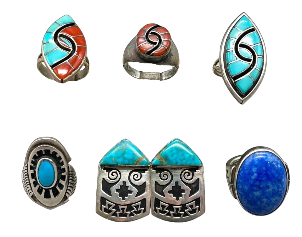 Sterling Silver And Turquoise Earrings And Five Rings With Various Settings: Offered here for your consideration is a group of sterling silver and turquoise earrings and five rings with various settings. Three of the pieces feature a turquoise or coral channel inlay. The earri
