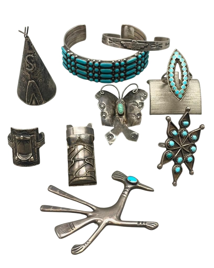 Group Of Sterling Silver Jewelry - Bracelets, Ring, Pins, Etc.: Offered here for your consideration is a group of sterling silver jewelry - bracelets, rings, pins etc. These pieces showcase a variety of intricate silverwork, featuring motifs such as a saddle, crad