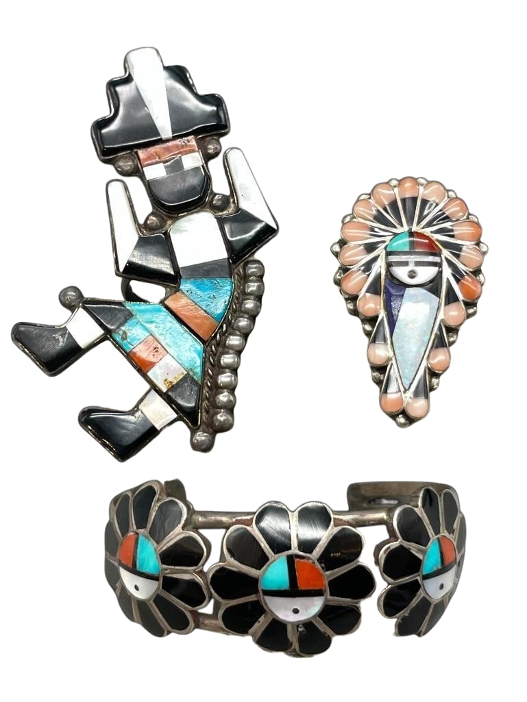 Sterling Silver And Multi Stone Inlay Bracelet With Two Rings: Offered here for your consideration is a sterling silver and multi stone inlay bracelet with two rings. Each pieces features a multi stone Sunface or Rainbow Man inlay design of turquoise, coral, moth