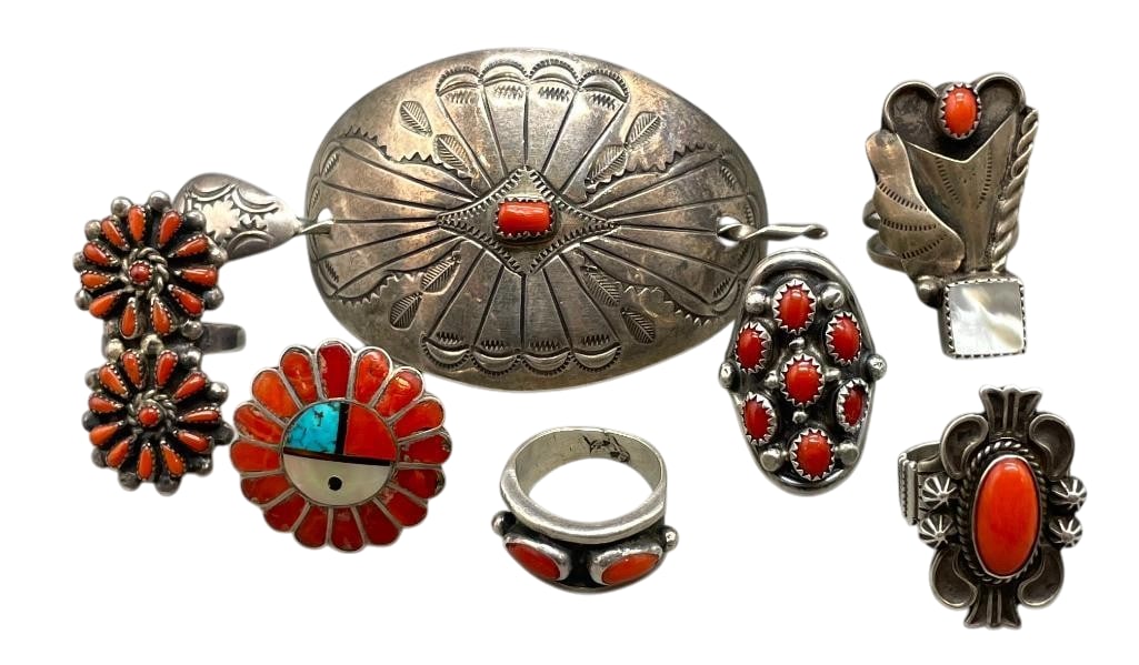 Sterling Silver And Coral Hair Piece And Rings: Offered here for your consideration is a sterling silver and coral hair piece and rings. Most of the pieces feature coral cabochons set in silver bezels with silver accents of dots, twisted wires and 