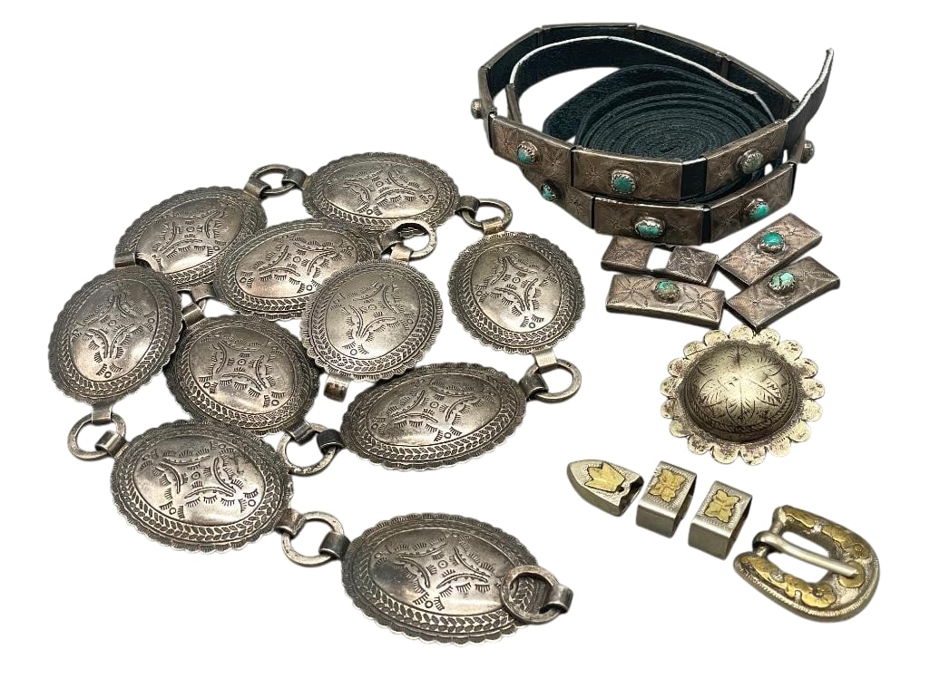 Stamped Sterling Silver Link Concho Belt, Sterling Silver And Turquoise Hat Band, Buckle Set, Etc.: Offered here for your consideration is a stamped sterling silver link concho belt, sterling silver and turquoise hat band, buckle set, etc. The link concho belt has 10 oval conchos and matching buckle