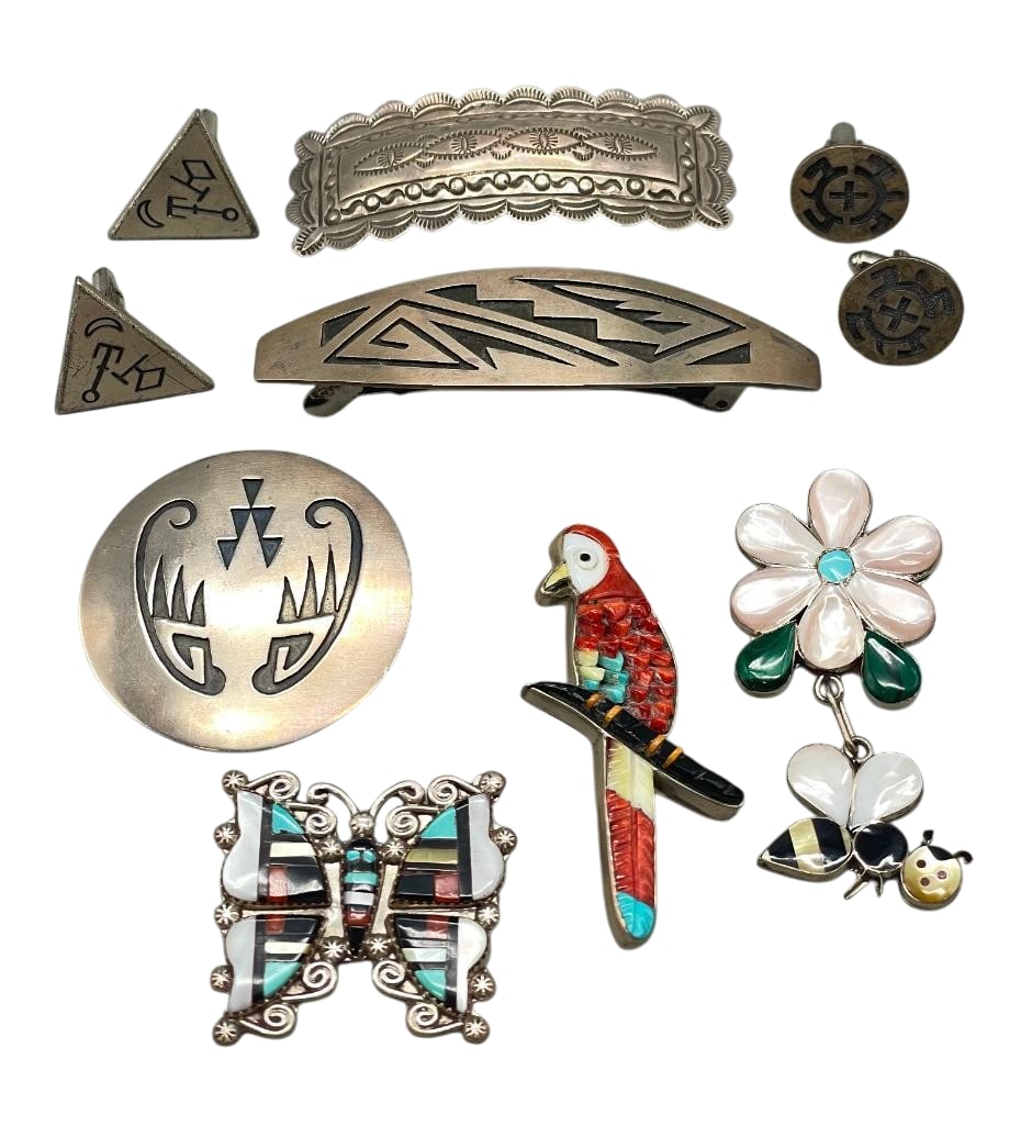 Group of Sterling Silver Pieces Including Barrettes, Pendants And Cufflinks: Offered here for your consideration are a group of sterling silver pieces including two barrettes, four pendants/pins and two pairs of cufflinks. These pieces showcase a variety of designs done in ove