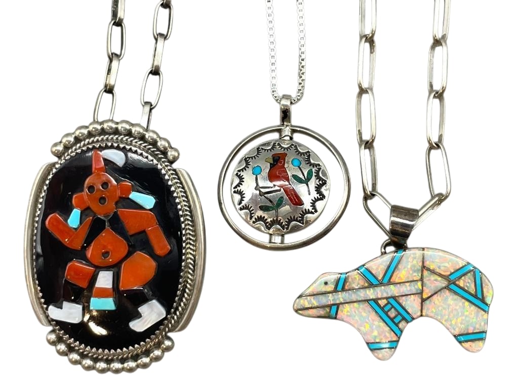 Three Sterling Silver And Multi Stone Inlay Necklaces: Available here for your consideration is this group of three sterling silver and multi stone inlay necklaces. One necklace features a spinner pendant with a cardinal multi stone inlay on one side and 
