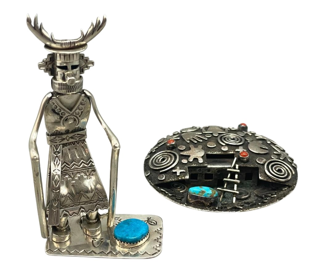 Sterling Silver Detailed Alex Sanchez Dish And Sterling Silver Kachina Pendant With Stand: Offered here is a sterling silver detailed Alex Sanchez dish and sterling silver Kachina pendant with stand. This pendant features a Kachina design and doubles as a display. It stands on a silver base