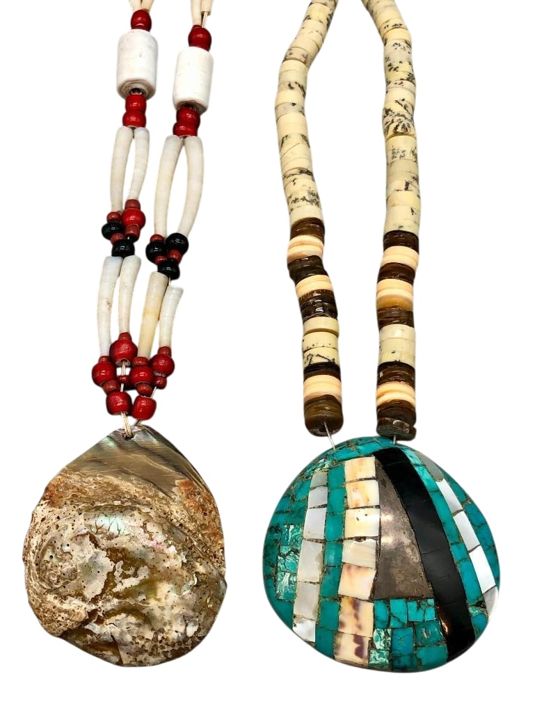 Two Pueblo Style Shell Necklaces: Available here for your consideration are two Pueblo style shell necklaces. Both necklaces feature shell pendants, one of which is further embellished with turquoise and other stone inlay. The pendant