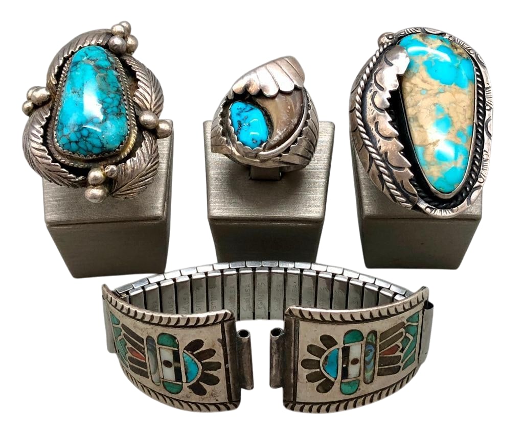 Group Of Three Vintage Navajo Rings And Zuni Watch Tips (1 of 9)