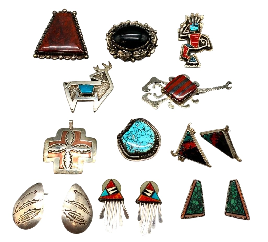 Group Of Earrings, Pendants And Pins By Various Artists: Offered here for your consideration is a group of earrings, pendants and pins by various artists. Most of the pieces feature stone cabochons including turquoise, Sonoran Sunrise, onyx and others set i