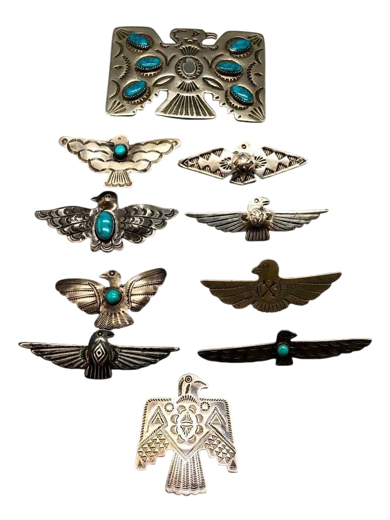 Vintage Pin And Buckle Thunderbird Lot: Offered here for your consideration is a vintage pin and buckle Thunderbird lot. In this group are nine pins and one buckle. Each piece showcases a Thunderbird design accented with hand stamped patter