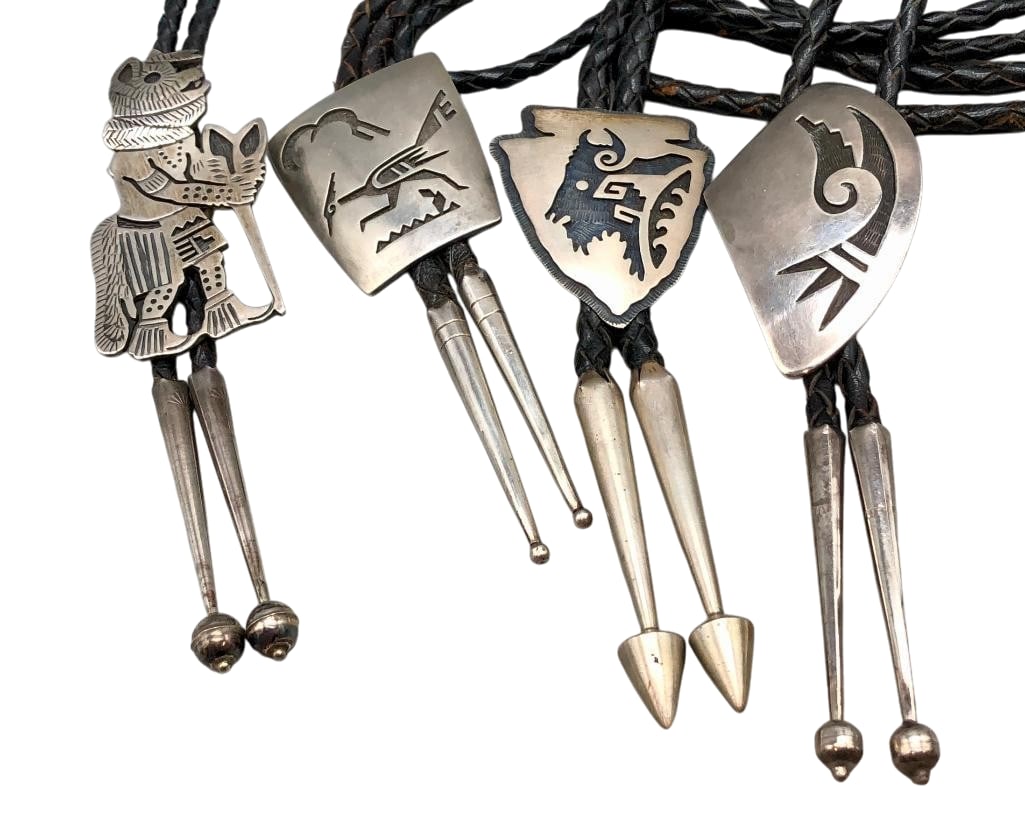 Group Of Four Hopi Bolo Ties: Available here for your consideration are a group of four Hopi bolo ties. These slides feature a variety of great overlay patterns including animals, a Kachina and geometrics. They are each further hi