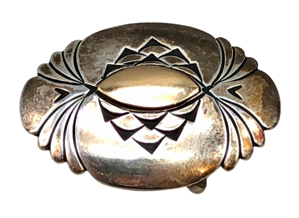 Sterling Silver And Gold Buckle By Charles Supplee: Offered here for your consideration is a sterling silver and gold buckle by Charles Supplee. This piece features a 14K gold (stamped) repoussed center accented with overlay style designs on a darkened