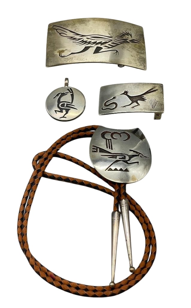 Sterling Silver Roadrunner Theme Buckles, Bolo And Double Sided Pendant: For your bidding pleasure are sterling silver Roadrunner theme buckles, a bolo and double sided pendant. The pieces each feature an overlay design with darkened silver backgrounds. The patterns includ