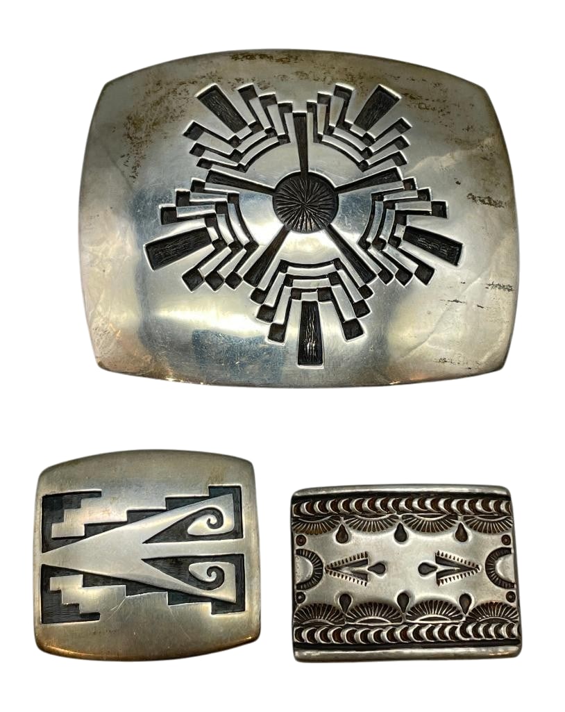 Three Sterling Silver Buckles - One By Rick Manuel: For your bidding pleasure are three sterling silver buckles - one by Rick Manuel. These buckles feature geometric designs crafted through overlay work or hand stamped patterns. Etched, textured backgr