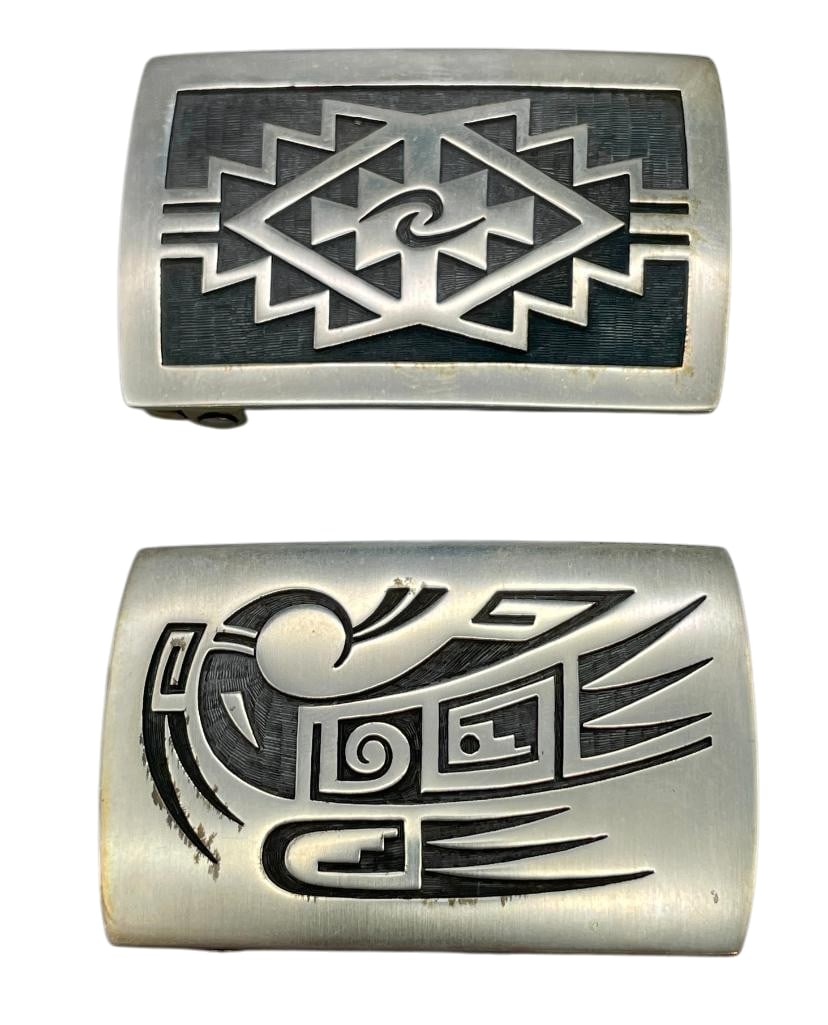 Two Sterling Silver Buckles By Weaver Selina: For your bidding pleasure are two sterling silver buckles by Weaver Selina. Both buckles feature geometric overlay designs with near perfect cut outs and lines. An etched technique was used on both to
