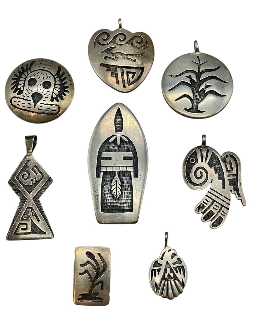 Group Of Sterling Silver Pendants: Offered here for your consideration is a group of sterling silver pendants. These pieces feature overlay style designs on darkened silver backgrounds. The designs include an eagle, plant and geometric