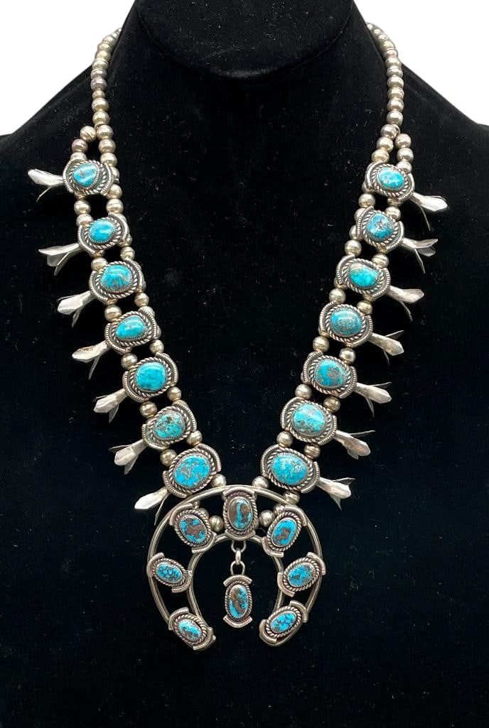 Vintage Turquoise And Sterling Silver Squash Blossom Necklace (1 of 16)