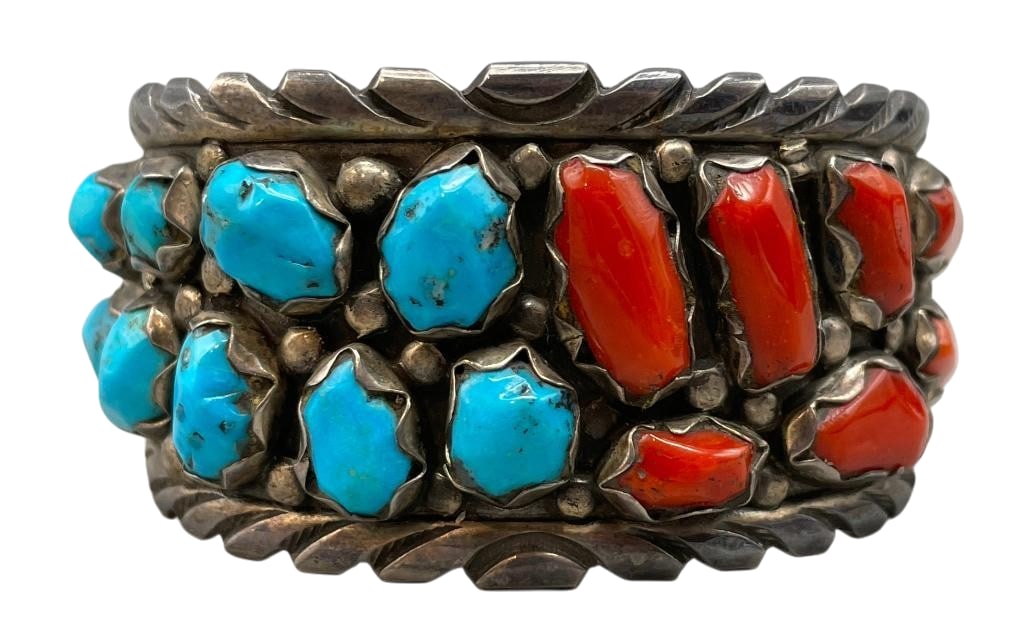 Vintage Turquoise, Coral And Sterling Silver Cluster Bracelet By Wayne Cheama: Offered here for your consideration is a vintage turquoise, coral and sterling silver cluster bracelet by Wayne Cheama. This piece features coral and turquoise cabochons set in scalloped silver bezels