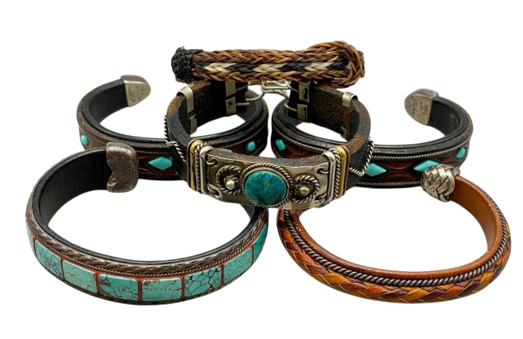 Leather, Silver And Horsehair Bracelets: Offered here for your consideration are leather, silver and horsehair bracelets. Most of the pieces feature turquoise cabochons or a turquoise inlay. The stones are accented with silver twisted wire, 