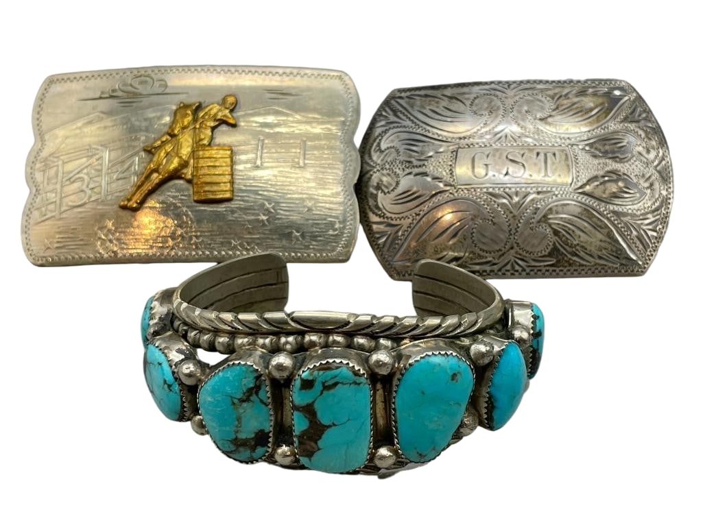 One Sterling Silver Buckle By Ricardo And Nickel Silver Buckle & Bracelet: Offered here for your consideration is one sterling silver buckle by Ricardo and nickel silver buckle and bracelet. The sterling silver bracelet features seven turquoise cabochons set in sawtooth silv