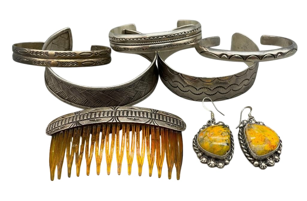Five Bracelets, Hair Comb And Pair Of Bumblebee Jasper Sterling Silver Earrings: Offered here for your consideration are five sterling silver bracelets, hair comb and a pair of Bumblebee jasper and sterling silver earrings. The earrings feature Bumblebee jasper cabochons set in sm