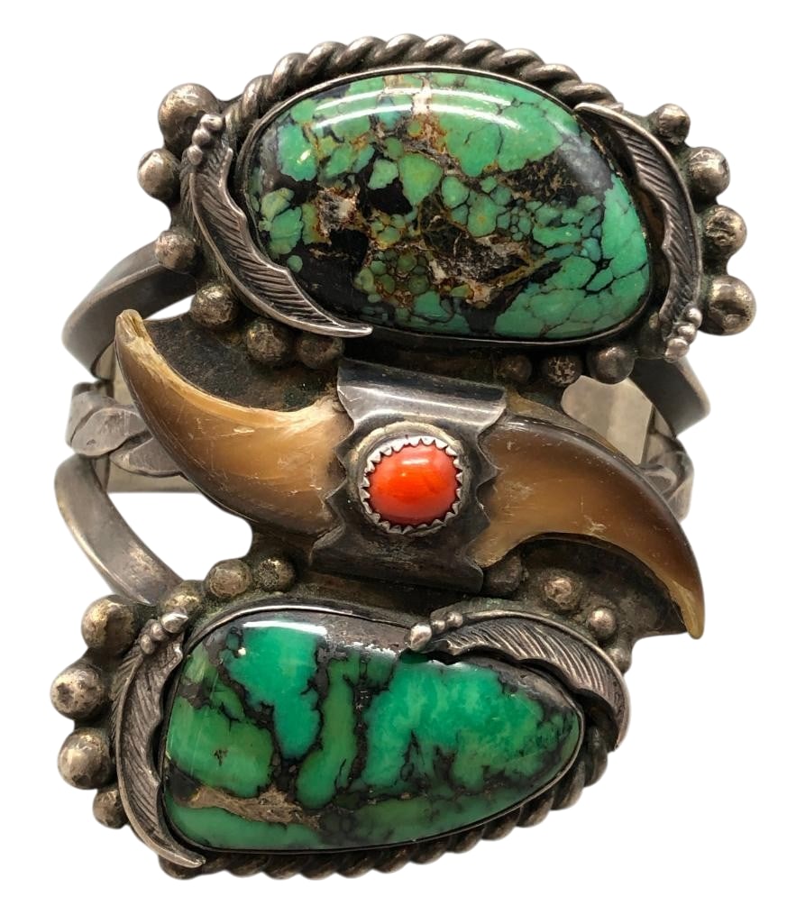 Vintage Sterling Silver And Turquoise Bracelet With Coral And Claw: For your bidding enjoyment we present a vintage sterling silver and turquoise bracelet with coral and claw. The bracelet showcases two turquoise cabochons set in smooth silver bezels, further highligh