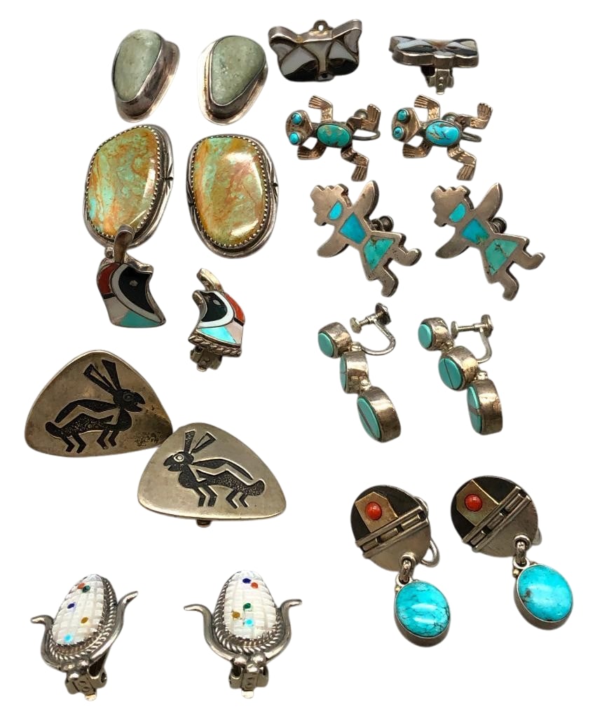 10 Pair Of Sterling Silver Earrings With Various Designs: Offered here for your consideration are 10 pair of sterling silver earrings with various motifs. These pieces feature a variety of designs including multi stone cabochons, inlay and more, all set in s