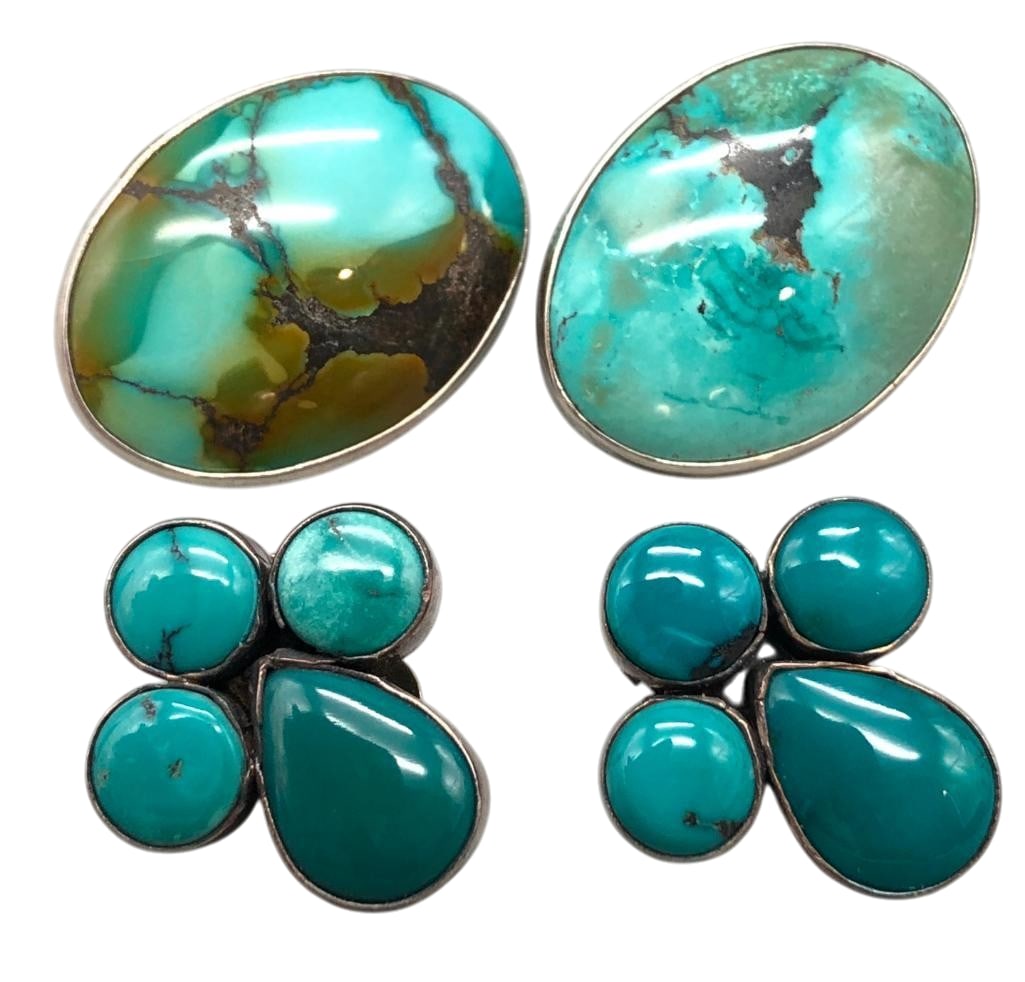 Two Pairs Of Federico Jimenez Sterling Silver And Turquoise Earrings: Offered here for your consideration are two pairs of Federico Jimenez sterling silver and turquoise earrings. One pair features a single turquoise cabochon with brown matrix, while the other has four 