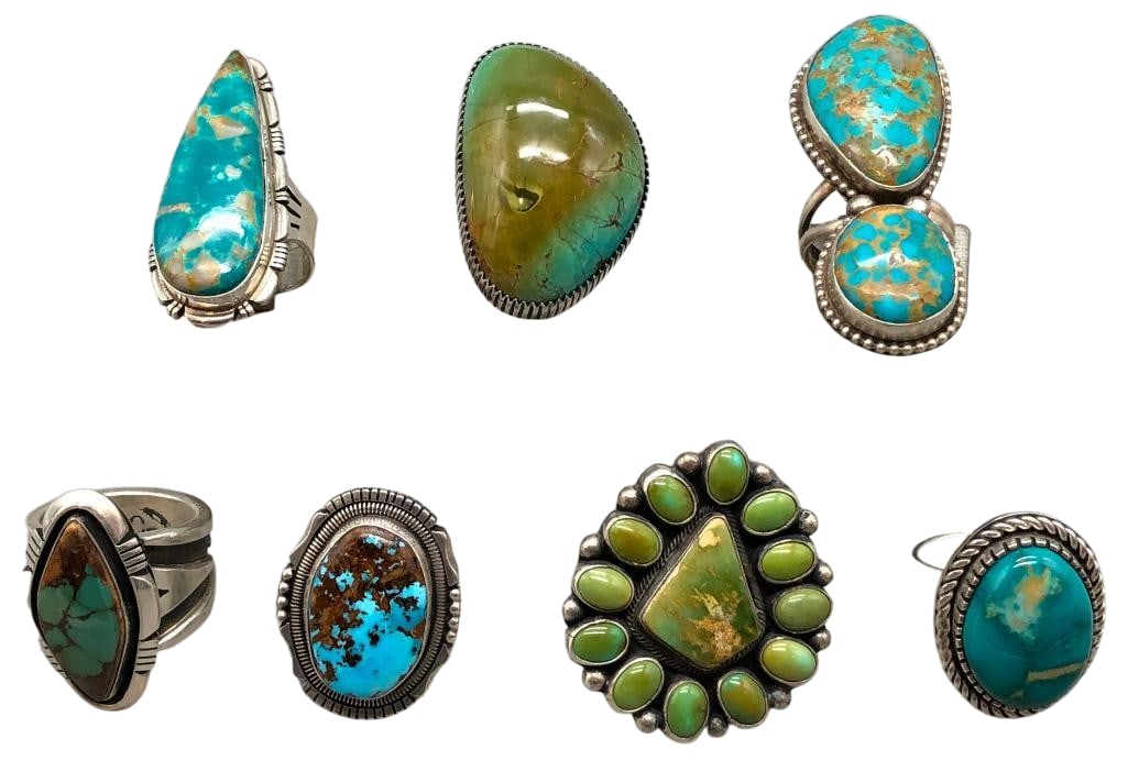 Seven Sterling Silver Rings With Various Settings: Offered here are seven sterling silver rings with various settings. These pieces showcase a variety of designs featuring one or more turquoise cabochons set in silver bezels. Accenting the rings is si
