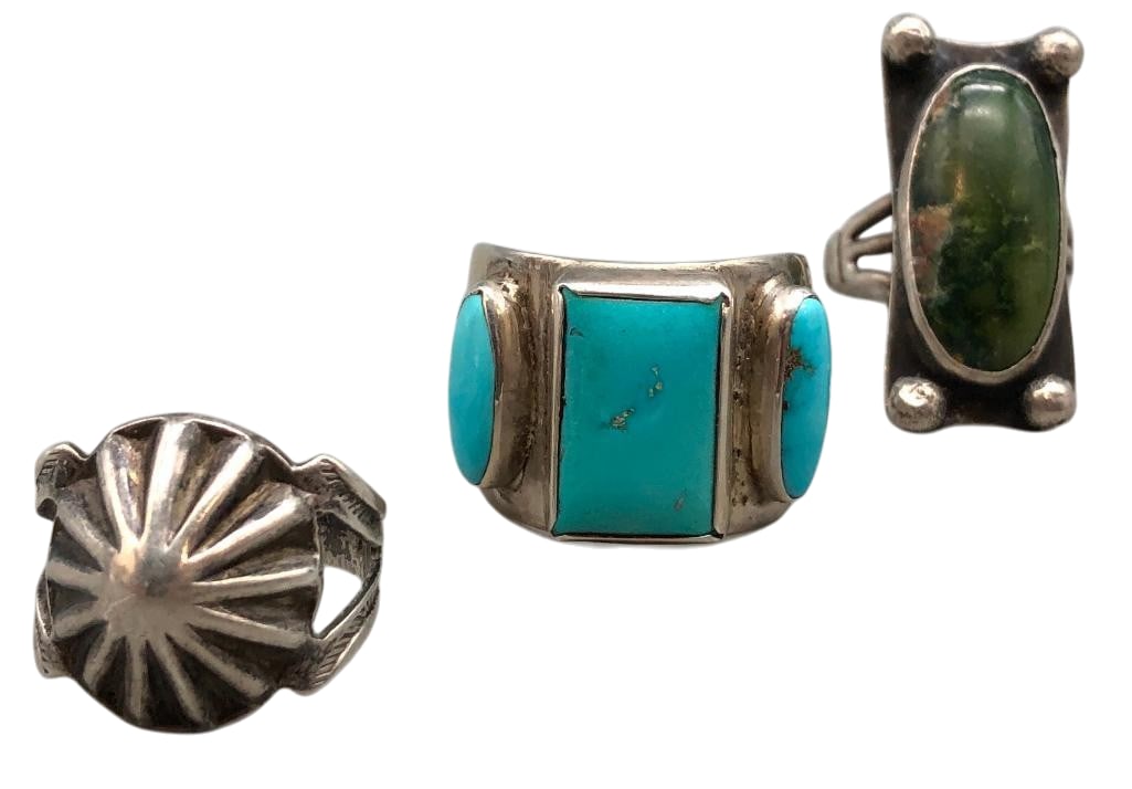 One Ring By Greg Lewis And Two Vintage Rings: Offered here is one ring by Greg Lewis and two vintage rings. The Lewis ring features a rectangular turquoise cabochon flanked by two oval turquoise cabochons, all set in smooth silver bezels. Another