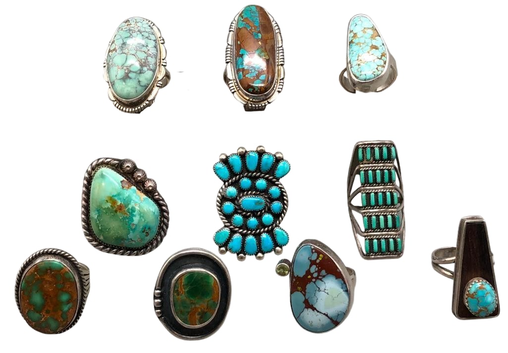 Group Of 10 Sterling Silver And Turquoise Rings - One By Guy Hoskie: Offered here are a group of 10 sterling silver and turquoise rings - one by Guy Hoskie. These pieces are highlighted with turquoise cabochons in needlepoint, dot/snake eye and other designs, all set i