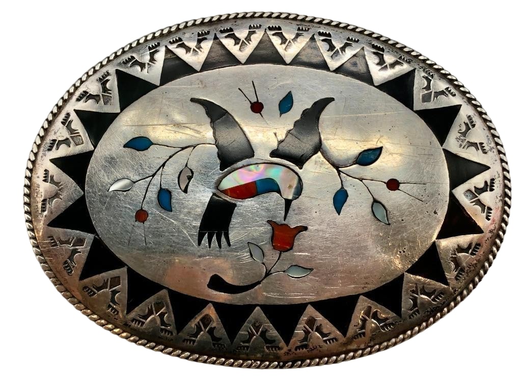 Sterling Silver Hummingbird Theme Inlay Buckle by Benjamin Becenti: Presented here for your bidding pleasure is a sterling silver hummingbird theme inlay buckle by Benjamin Becenti. This sterling silver buckle showcases an inlay design with multiple settings of turquo